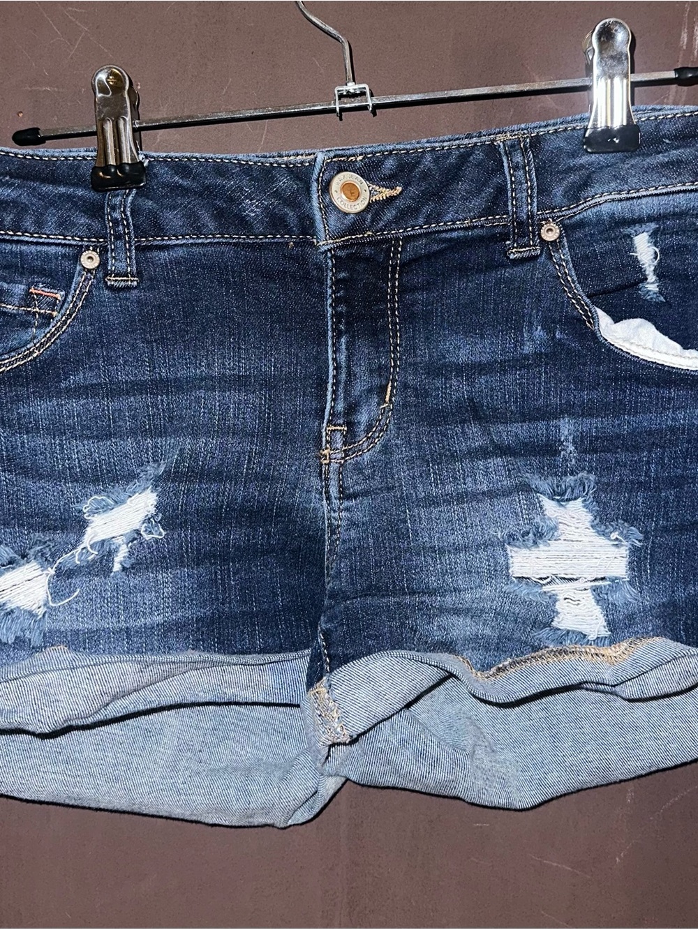 Dark Blue Distressed Denim Shorts - Women